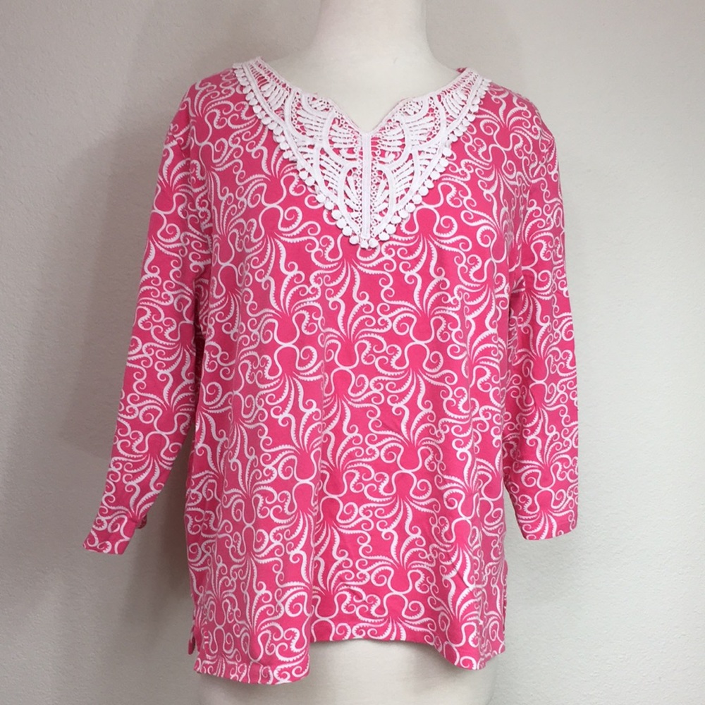 3/$35 Alfred Dunner Pink Swirl Crochet 3/4 Sleeve Top XL